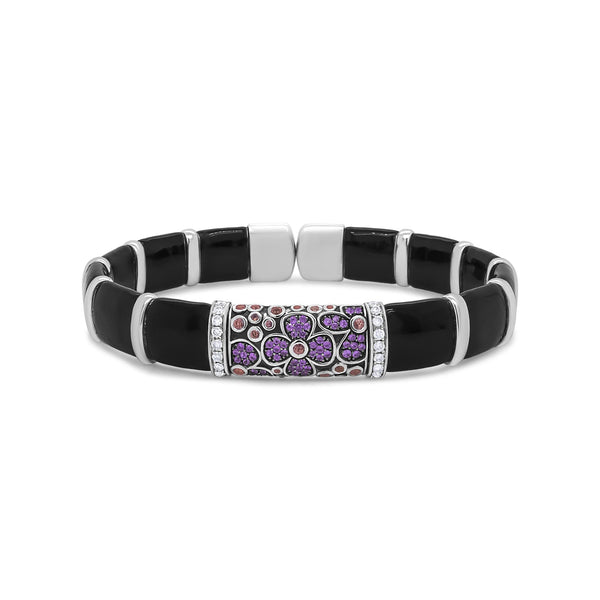 1/3 Ct. T.W. Diamond and Pink and Orange Sapphire Black and Brown Enamel Floral Bangle Bracelet in Sterling Silver, photo 2