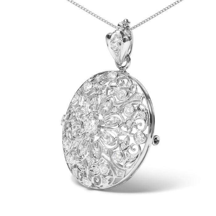 1 5/6 Ct. T.W. Diamond Cluster Floral Filigree Brooch Pin and Pendant Necklace in 18K White Gold, photo 4