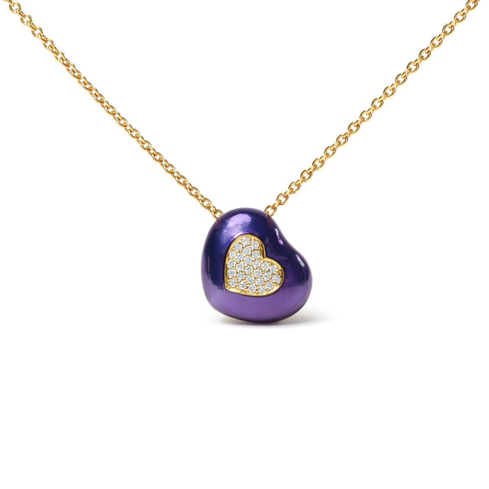 Collar con colgante de corazón con esmalte azul y diamantes redondos pavé de 1/10 ct. p.t. en oro amarillo de 18K, foto 1