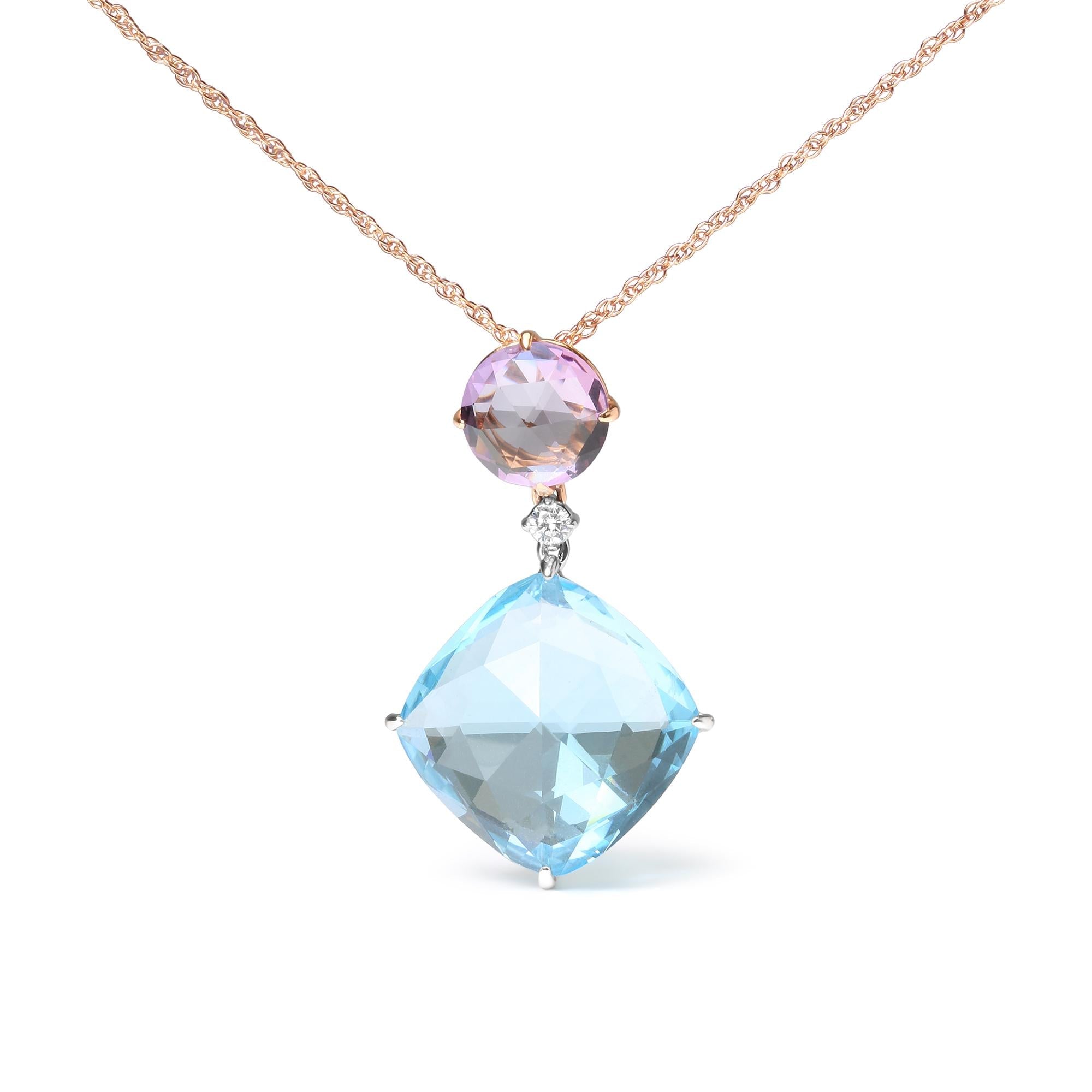 Collar con colgante de gota con detalle de diamante, amatista rosa y topacio azul cielo en oro blanco y rosa de 18K, color G-H, claridad SI1-SI2, 18 pulg., foto 1