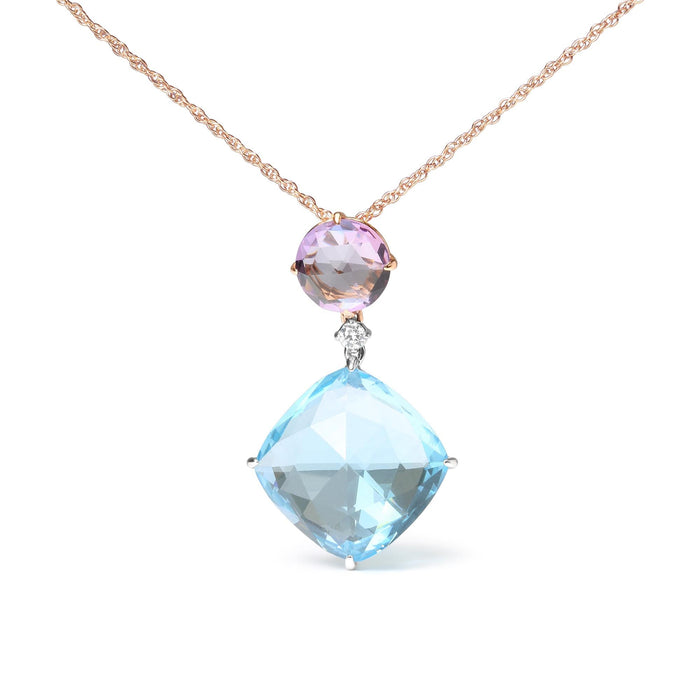 Collar con colgante de gota con detalle de diamante, amatista rosa y topacio azul cielo en oro blanco y rosa de 18K, color G-H, claridad SI1-SI2, 18 pulg., foto 1