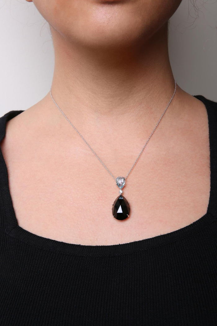 Diamond Accent and Pear-Cut Sky Blue Topaz and Pear-Cut Black Onyx Dangle Drop Pendant Necklace in 18K White Gold, photo 3