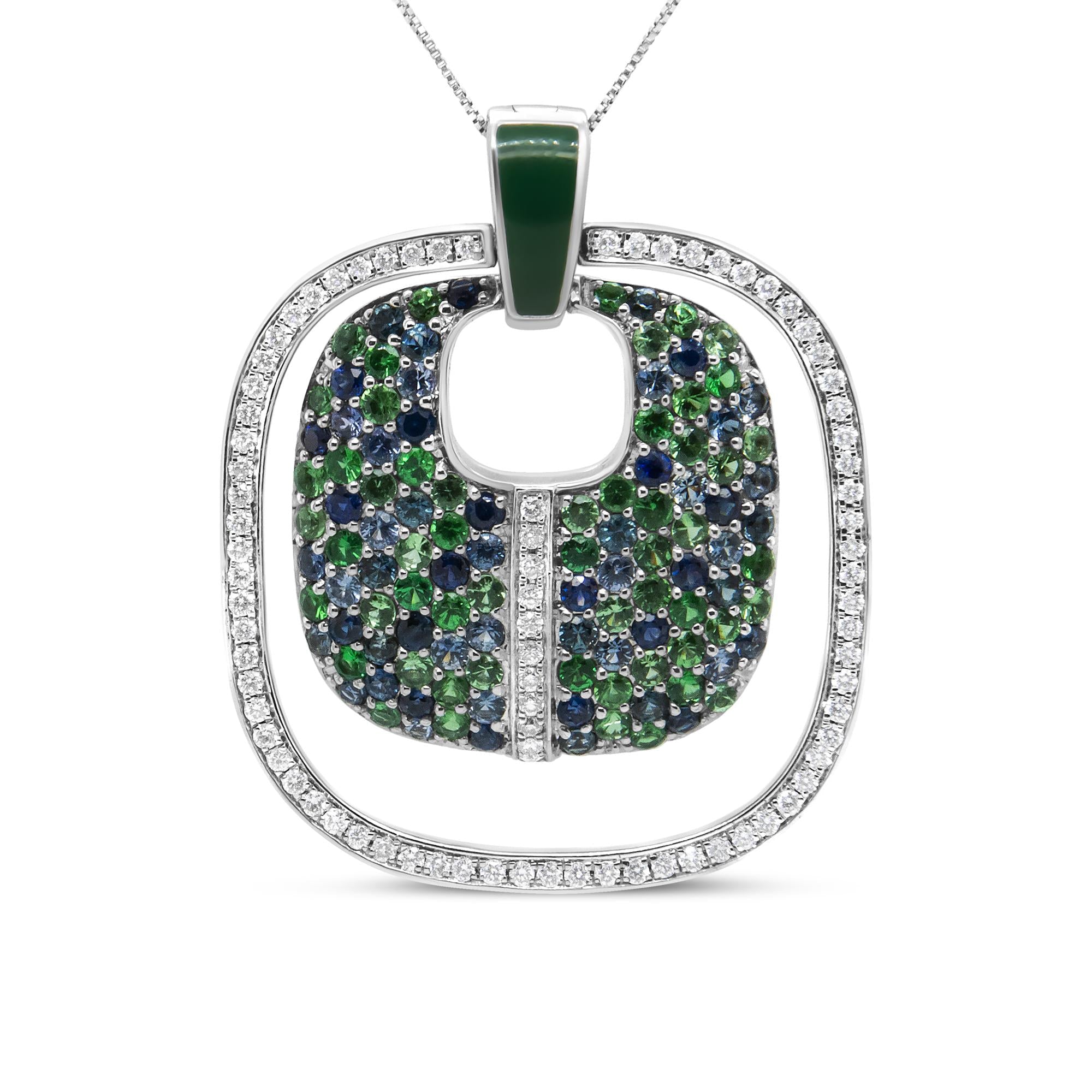 Collar con colgante calado de esmalte verde con diamantes, zafiro y tsavorita de 1/2 ct. p.t. en plata de ley, color F-G, claridad VS1-VS2, 18 pulg., foto 1