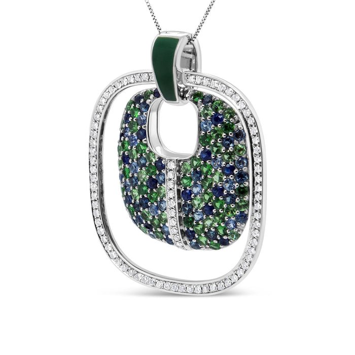 Collar con colgante calado de esmalte verde con diamantes, zafiro y tsavorita de 1/2 ct. p.t. en plata de ley, color F-G, claridad VS1-VS2, 18 pulg., foto 2