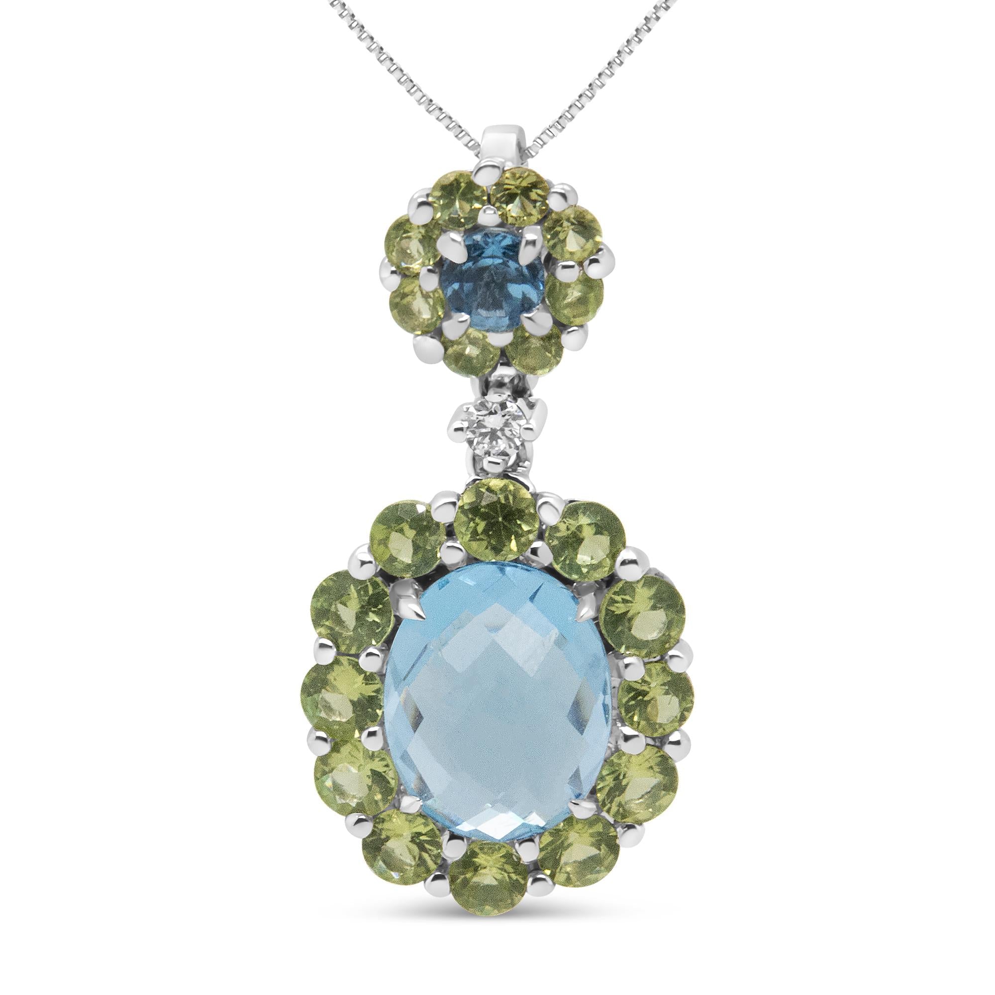 0.05 Ct. T.W. Round Diamond and Blue Topaz and Green Peridot Gemstone Halo Drop Pendant Necklace in 18K White Gold, photo 1