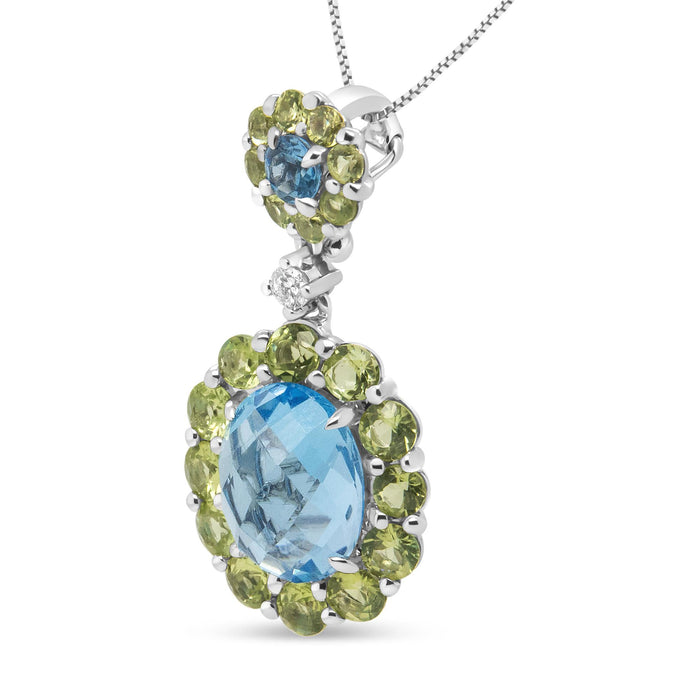 0.05 Ct. T.W. Round Diamond and Blue Topaz and Green Peridot Gemstone Halo Drop Pendant Necklace in 18K White Gold, photo 2