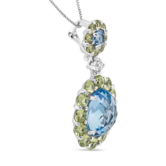 0.05 Ct. T.W. Round Diamond and Blue Topaz and Green Peridot Gemstone Halo Drop Pendant Necklace in 18K White Gold, photo 4