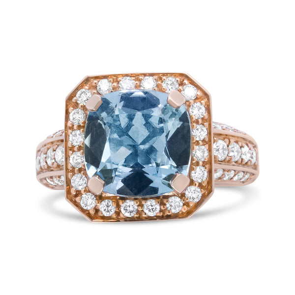 1 1/8 Ct. T.W. 10x10mm Cushion-Shaped Aquamarine and Round Diamond Halo Ring in 18K Rose Gold, photo 1