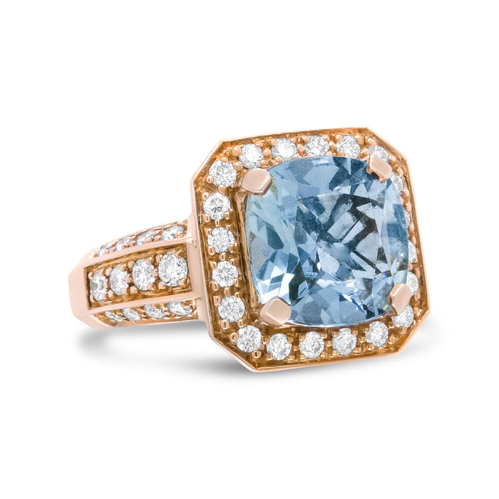 1 1/8 Ct. T.W. 10x10mm Cushion-Shaped Aquamarine and Round Diamond Halo Ring in 18K Rose Gold, photo 2