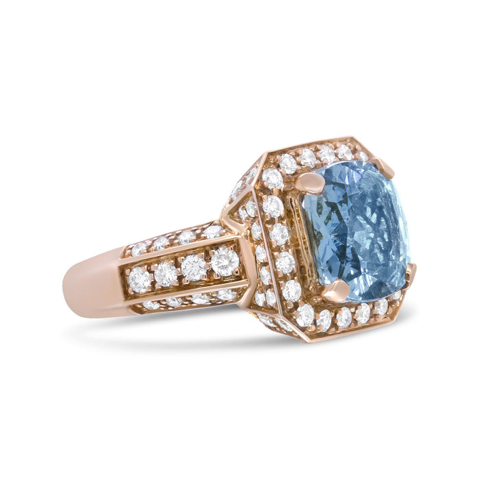 1 1/8 Ct. T.W. 10x10mm Cushion-Shaped Aquamarine and Round Diamond Halo Ring in 18K Rose Gold, photo 4