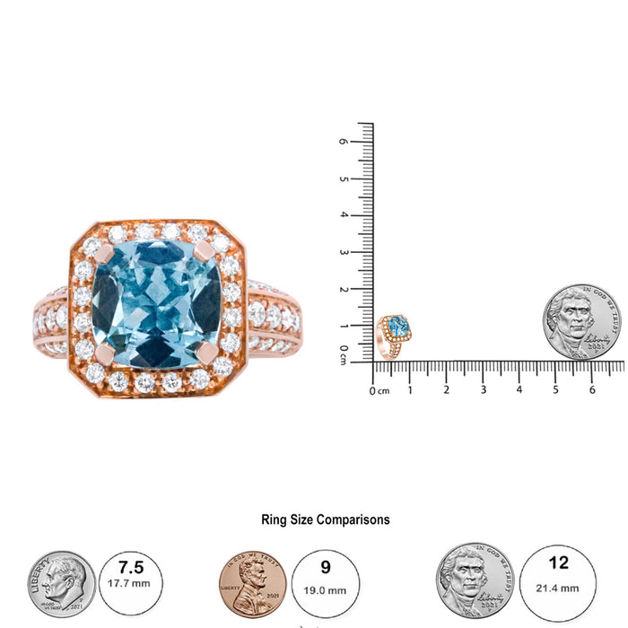1 1/8 Ct. T.W. 10x10mm Cushion-Shaped Aquamarine and Round Diamond Halo Ring in 18K Rose Gold, photo 6