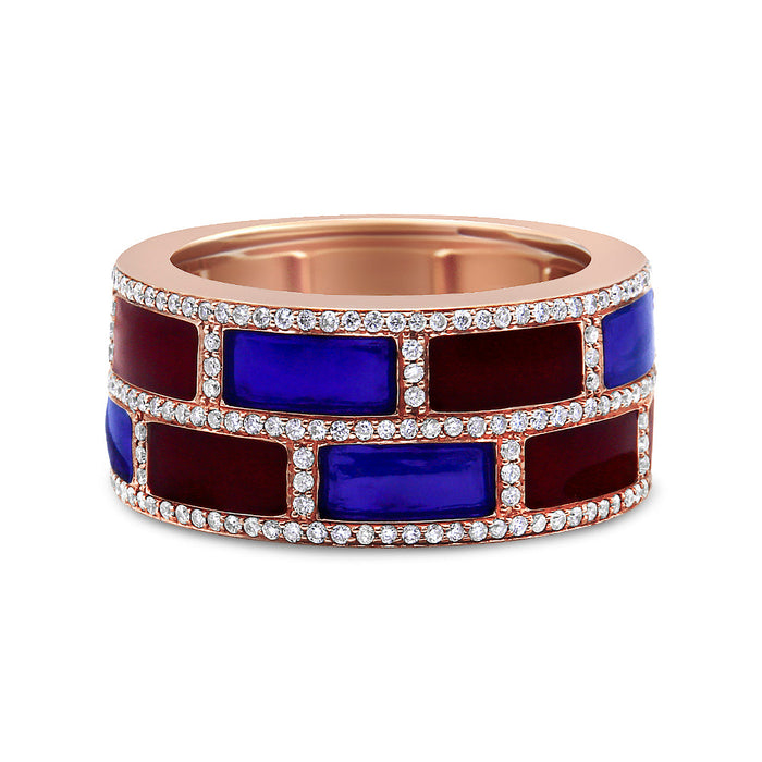 Anillo de banda con esmalte rojo y azul alternado y diamantes de 1/2 ct. p.t. en oro rosa de 18K, color F-G, claridad VS1-VS2, foto 1