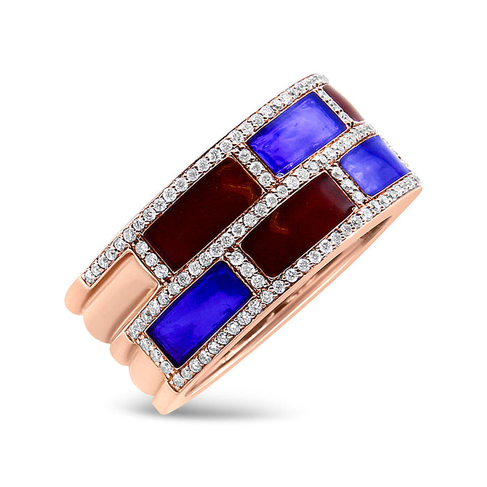 Anillo de banda con esmalte rojo y azul alternado y diamantes de 1/2 ct. p.t. en oro rosa de 18K, color F-G, claridad VS1-VS2, foto 2