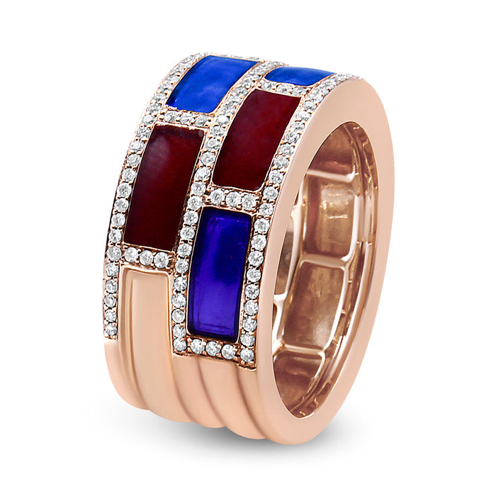 Anillo de banda con esmalte rojo y azul alternado y diamantes de 1/2 ct. p.t. en oro rosa de 18K, color F-G, claridad VS1-VS2, foto 3