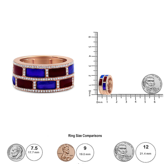 Anillo de banda con esmalte rojo y azul alternado y diamantes de 1/2 ct. p.t. en oro rosa de 18K, color F-G, claridad VS1-VS2, foto 4