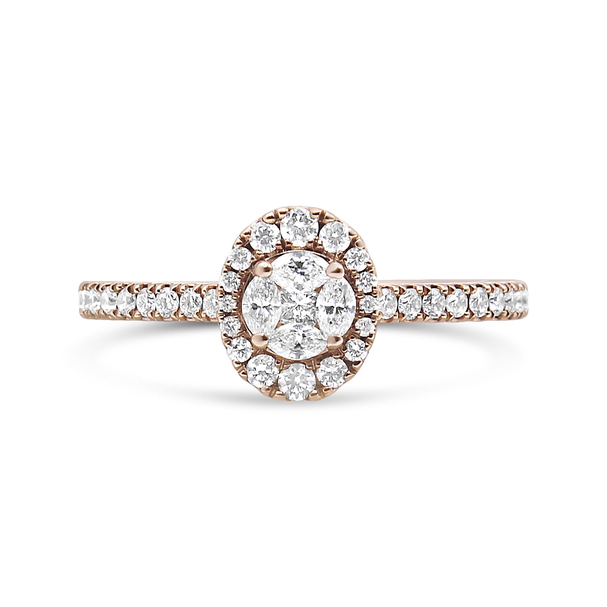 Anillo de compromiso de racimo con halo ovalado y diamantes marquesa de 1/2 ct. p.t. en oro rosa de 18K, color F-G, claridad VS1-VS2, foto 1