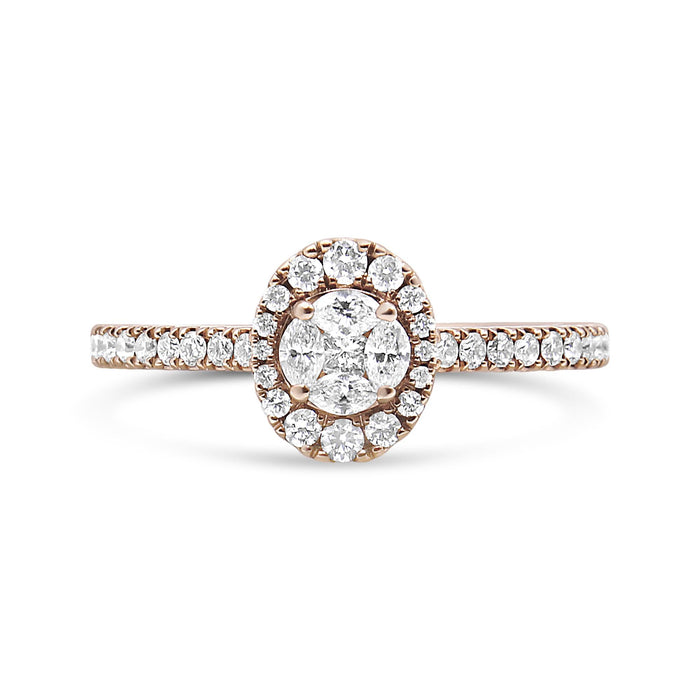 Anillo de compromiso de racimo con halo ovalado y diamantes marquesa de 1/2 ct. p.t. en oro rosa de 18K, color F-G, claridad VS1-VS2, foto 1