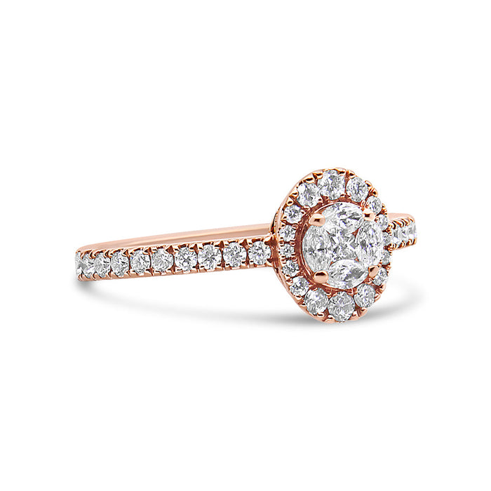 Anillo de compromiso de racimo con halo ovalado y diamantes marquesa de 1/2 ct. p.t. en oro rosa de 18K, color F-G, claridad VS1-VS2, foto 2