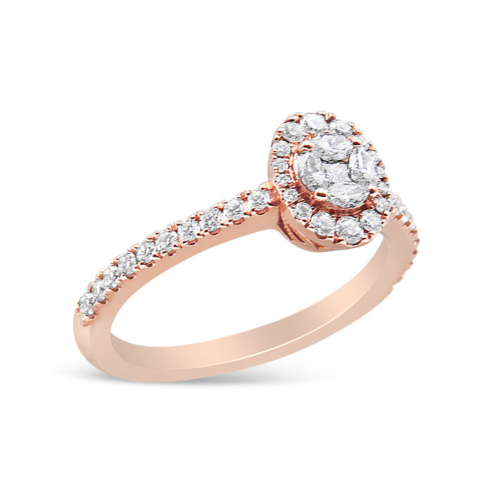 Anillo de compromiso de racimo con halo ovalado y diamantes marquesa de 1/2 ct. p.t. en oro rosa de 18K, color F-G, claridad VS1-VS2, foto 5