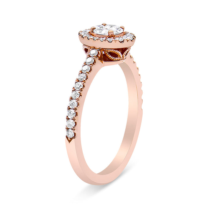 Anillo de compromiso de racimo con halo ovalado y diamantes marquesa de 1/2 ct. p.t. en oro rosa de 18K, color F-G, claridad VS1-VS2, foto 6