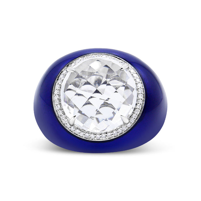 1/5 Ct. T.W. 14mm White Quartz and Diamond Halo with Blue Enamel Dome Ring in 18K White Gold, photo 1