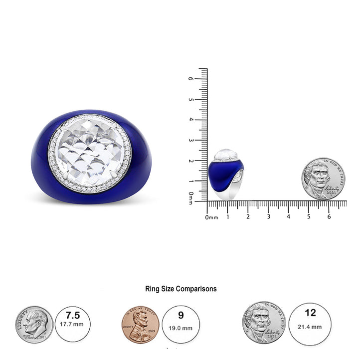 1/5 Ct. T.W. 14mm White Quartz and Diamond Halo with Blue Enamel Dome Ring in 18K White Gold, photo 5