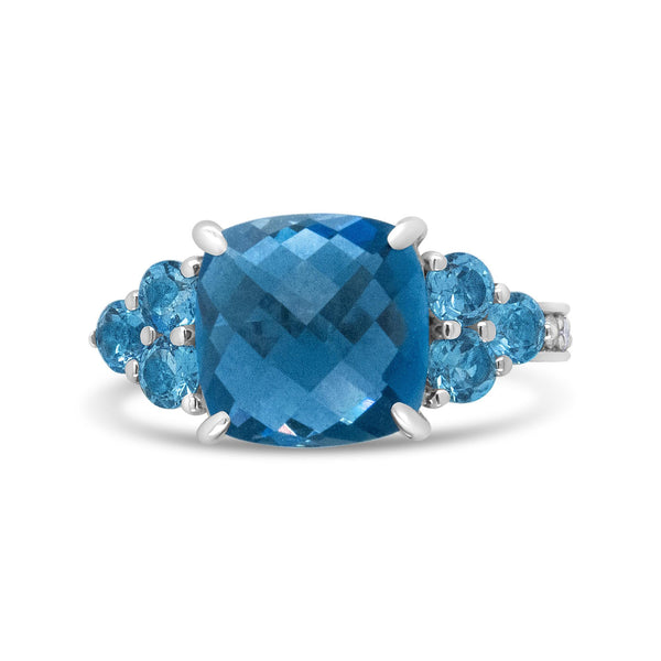 1/6 Ct. T.W. 10mm Cushion-Shaped Blue Topaz and Diamond 3 Stone Style Ring in 18K White Gold, photo 1