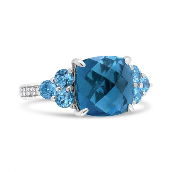 1/6 Ct. T.W. 10mm Cushion-Shaped Blue Topaz and Diamond 3 Stone Style Ring in 18K White Gold, photo 2