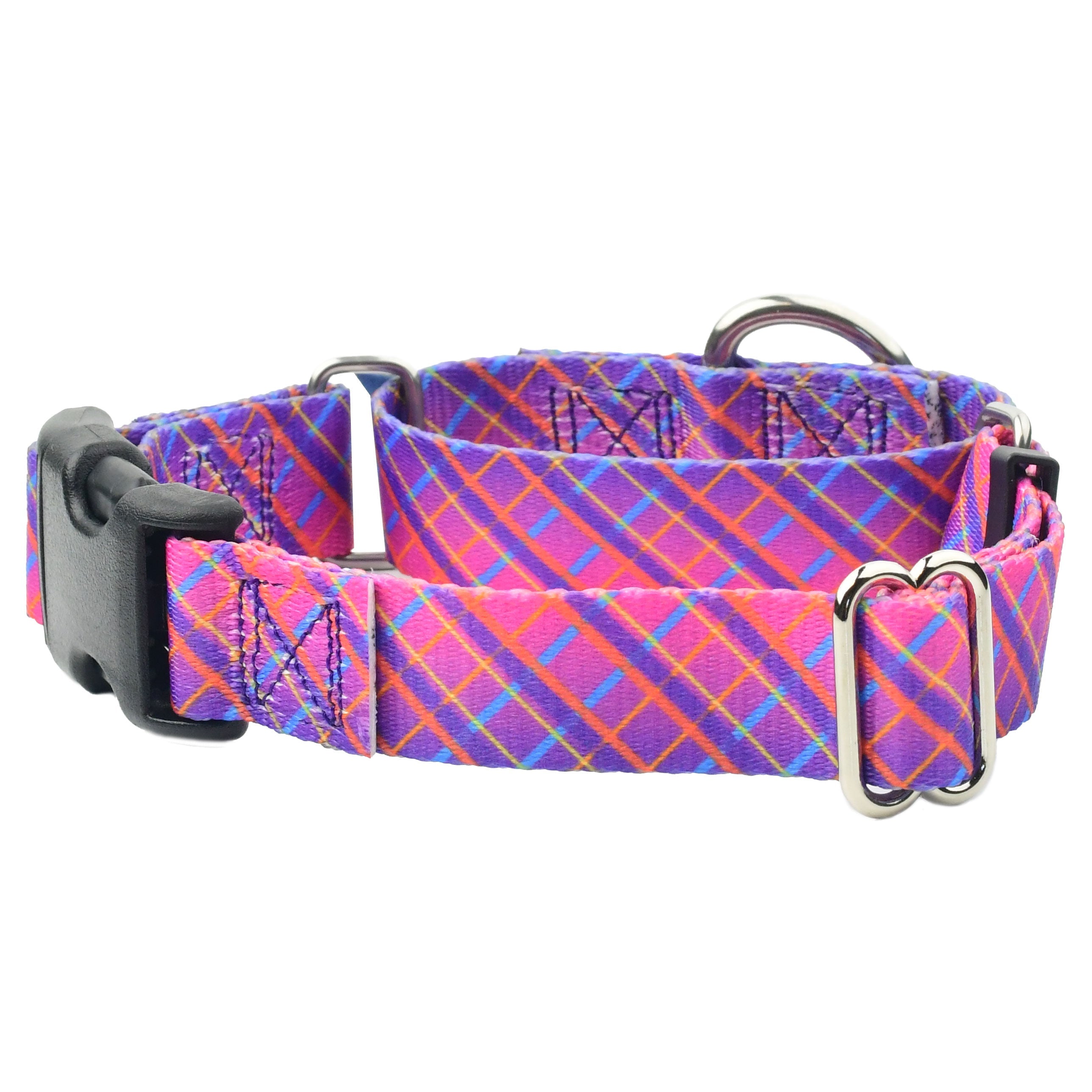 Collar martingala con hebilla para perro Neon Sunrise Pink Plaid EarthStyle, foto 2