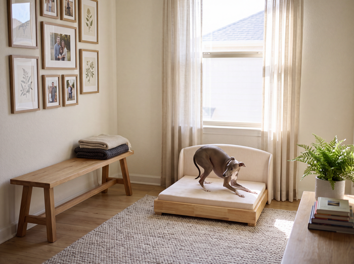 Gray dog stepping onto the Haven dog bed in a sunlit room