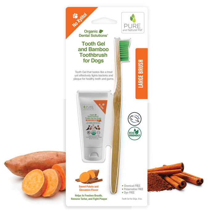 Gel dental y cepillo de bambú para perros grandes, camote y canela