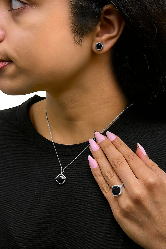 Conjunto de joyería de 3 piezas con ónix cojín, anillo, aretes, colgante y cadena de cable en plata de ley, 18 pulg., foto 3