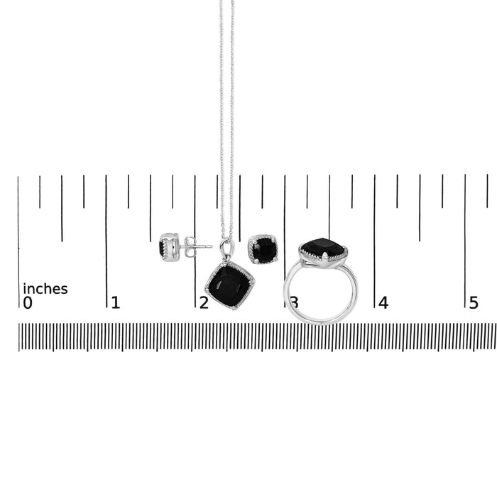 Conjunto de joyería de 3 piezas con ónix cojín, anillo, aretes, colgante y cadena de cable en plata de ley, 18 pulg., foto 6