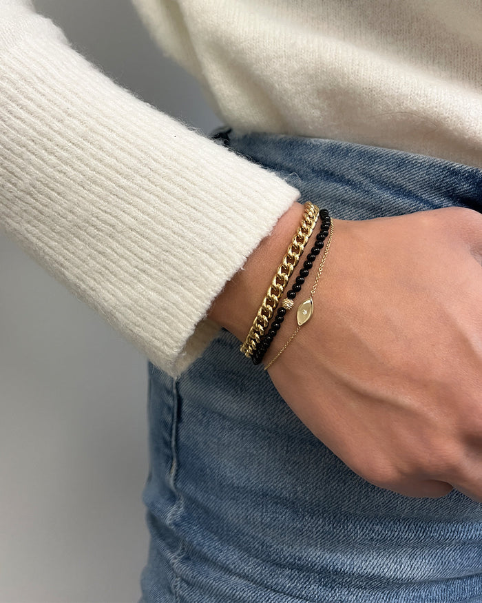 Pulsera de cuentas de ónix negro de 3 mm con cuenta de diamantes en oro de 14K, foto 8
