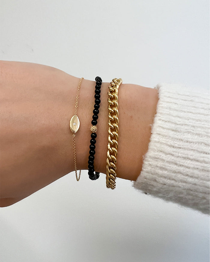 Pulsera de cuentas de ónix negro de 3 mm con cuenta de diamantes en oro de 14K, foto 6