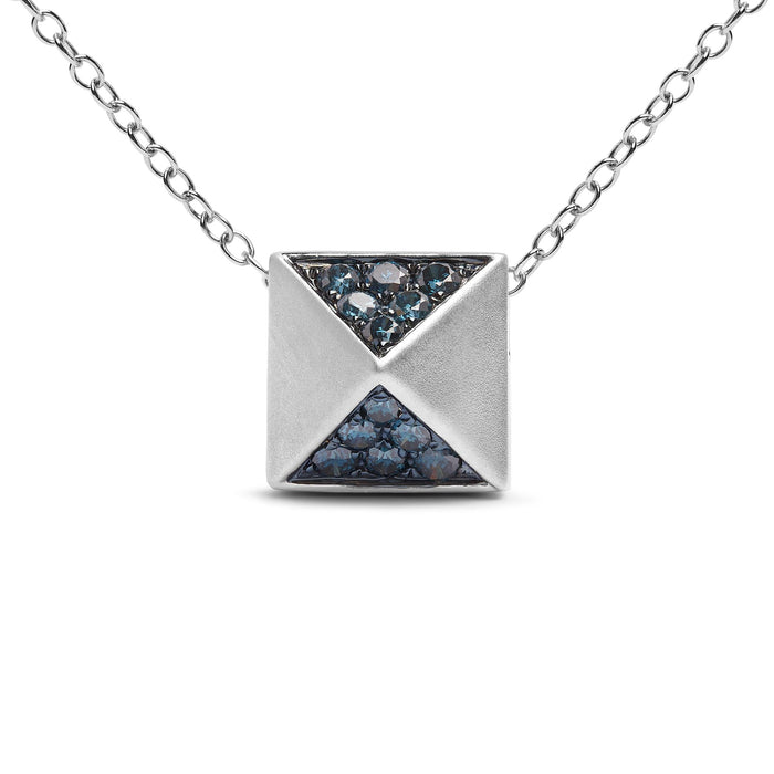 Collar con colgante de pirámide con acabado mate y diamantes azules tratados de 1/4 ct. p.t. en oro blanco de 14K, foto 2
