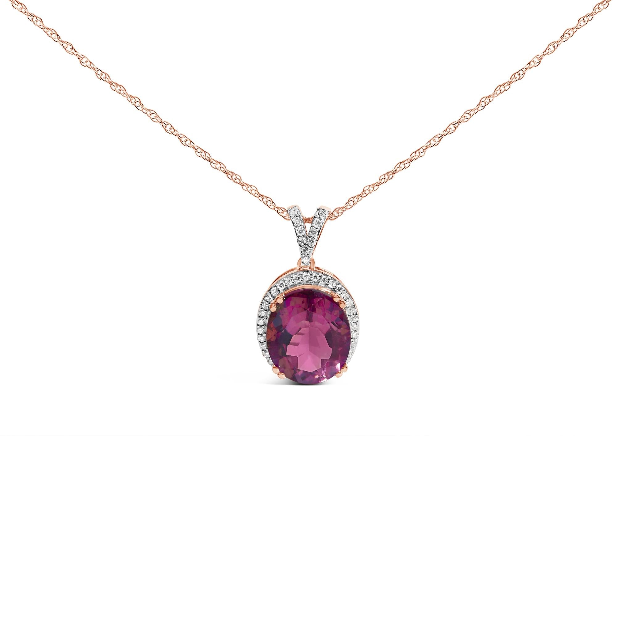 1/5 Ct. T.W. Diamond Pink Quartz Oval Pendant Necklace in 14K Rose Gold Vermeil, photo 1