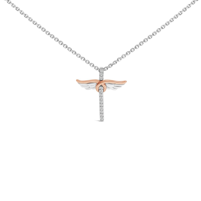 Collar con colgante de cruz con alas con diamantes de 1/5 ct. p.t. en plata de ley bañada en oro rosa de 14K, foto 1