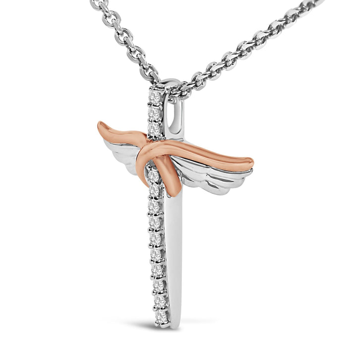 Collar con colgante de cruz con alas con diamantes de 1/5 ct. p.t. en plata de ley bañada en oro rosa de 14K, foto 4