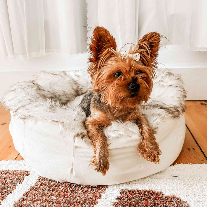 PupPouf Faux Fur Donut Dog Bed, White with Brown Accents, photo 8