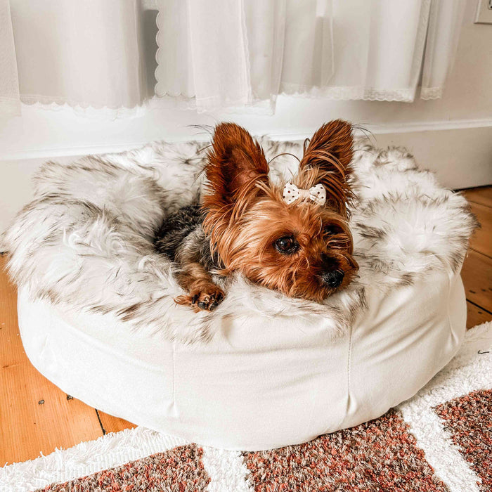 PupPouf Faux Fur Donut Dog Bed, White with Brown Accents, photo 2