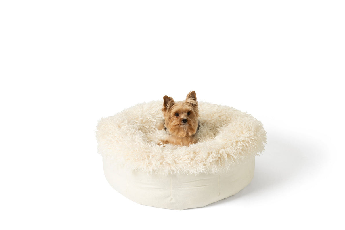 PupPouf Luxe Faux Fur Donut Dog Bed, Plush Sheep Ivory