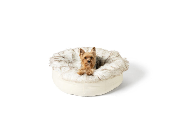 PupPouf Faux Fur Donut Dog Bed, White with Brown Accents