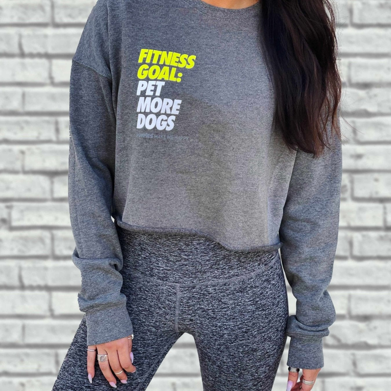 Fitness Goal: Pet More Dogs Women's Cropped Sweatshirt in heather grey