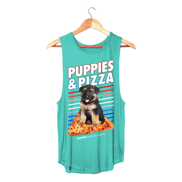 Puppies & Pizza Women's Sleeveless Tank in teal