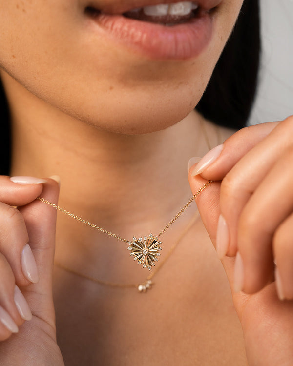 14K Gold Diamond Framed Small Fluted Heart Necklace, photo 2