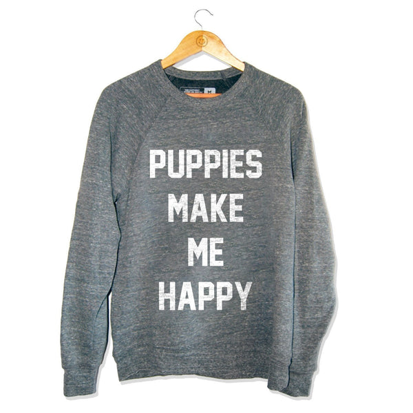 Puppies Make Me Happy Unisex Crewneck Sweatshirt in heather grey