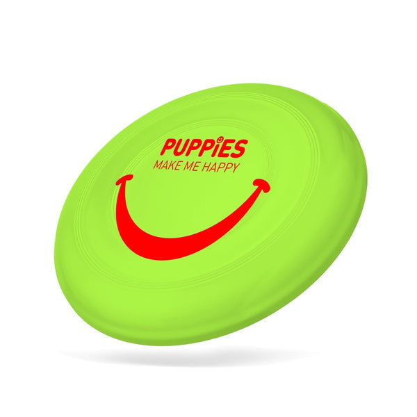 Puppies Make Me Happy Frisbee in neon green