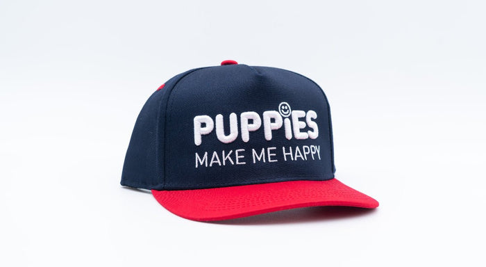 Puppies Make Me Happy Red White & Blue 3D Puff Snapback Hat in navy / red brim w / white print