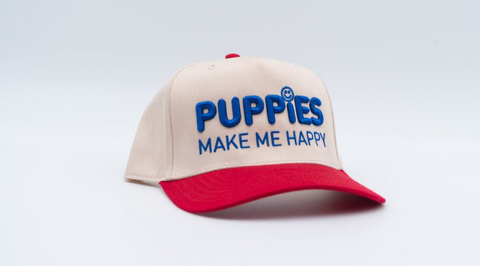 Puppies Make Me Happy Red White & Blue 3D Puff Snapback Hat in cream / red brim w / blue text